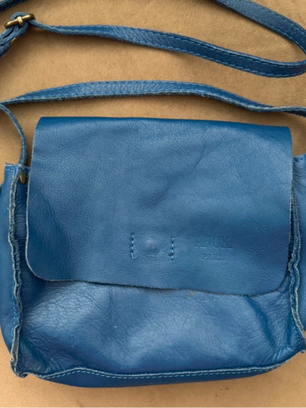 Vintage Anoki Paris Small Blue Leather Crossbody Bag 6in